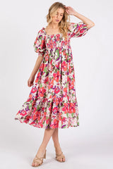 Flower Print Puff Sleeve Ruffle Smocked Midi Dress Mittoshop FUCHSIA S