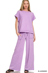 Zenana Washed Slub Short Sleeve Tee & Long Pants Set Trendsi B LAVENDER S