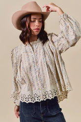 Floral Print Lace Button Down Shirt So Me BLUE S