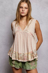 Lace Detail Ruffled Ribbed Sleeveless Top with Floral Pattern Trim Detail POL PALE PINK S