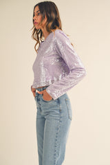 Shoulder Padded Sequin Crop Long Sleeve Top Mable
