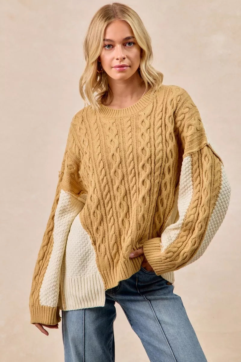 Cable Knit With Hacci Combo Sweater With Uneven Hem Detail BiBi LT MUSTARD/IVORY S