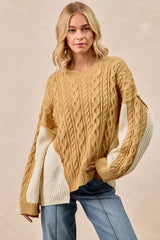 Cable Knit With Hacci Combo Sweater With Uneven Hem Detail BiBi LT MUSTARD/IVORY S