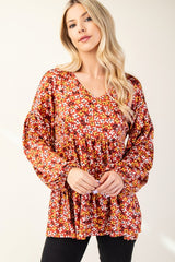 Floral V-Neck Balloon Sleeve Blouse Celeste