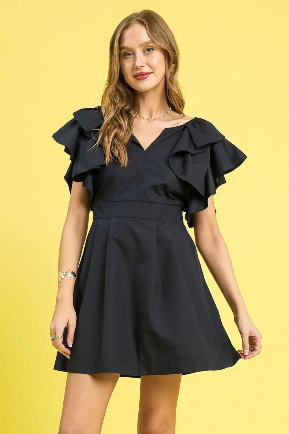 Double Ruffle Sleeve Fit and Flare Dress Umgee Black S