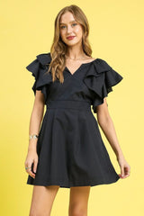 Double Ruffle Sleeve Fit and Flare Dress Umgee Black S