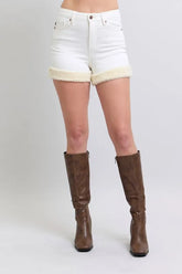 High Waist Shearling Cuff Denim Shorts Judy Blue WHT M