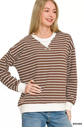 Contrast Striped Round Neck Sweatshirt ZENANA BROWN S