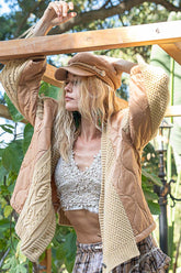 Quilting Patch Button Up Cable Knit Jacket POL Camel Multi S