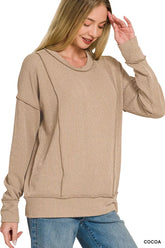 Corded Rib Long Sleeve Round Neck Top ZENANA COCOA S