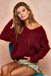 Openwork V-Neck Drop Shoulder Sweater BiBi Burgundy S