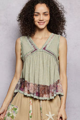 Lace Detail Ruffled Ribbed Sleeveless Top with Floral Pattern Trim Detail POL POWDER OLIVE S