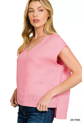 Linen V-Neck Sleeveless Top ZENANA