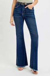 Tummy Control Frayed Hem Flare Jeans Risen Dark 0(24)