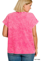 Full Size Crinkle Washed Round Neck Folded Short Sleeve Tee Plus Size ZENANA
