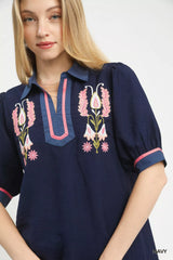 Embroidered Puff Sleeve Contrast Trim Top Umgee