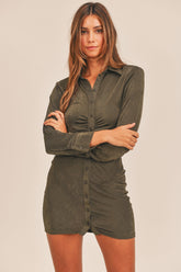 Front Ruched Button-Down Skinny Mini Shirt Dress Mable Dk Olive S