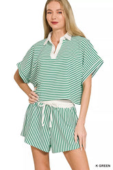Striped Collared Top & Shorts Set ZENANA K GREEN S