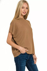 Viscose Mock Neck Short Sleeve Boxy Sweater ZENANA