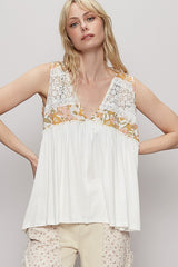 Lace Detail Frill Floral V-Neck Sleeveless Top POL Ivory S