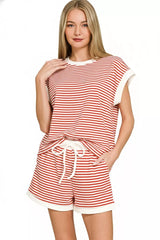 Stripe Contrast Trim Top & Shorts Set ZENANA
