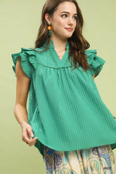 Ruffle Sleeve Textured Babydoll Blouse Umgee JADE S