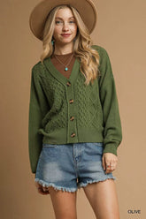 Chunky Cable Knit V-Neck Button-Up Cardigan Umgee Olive S