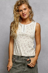 Vintage Floral Print Slim-Fit Knit Tank with Raw-Edge Details POL CREAM S