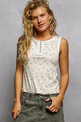 Vintage Floral Print Slim-Fit Knit Tank with Raw-Edge Details POL CREAM S