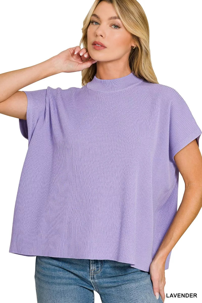 Viscose Mock Neck Short Sleeve Boxy Sweater ZENANA LAVENDER S