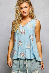 Washed Ribbed V-Neck Tank with Floral Print Star Patch POL POWDER BLUE S