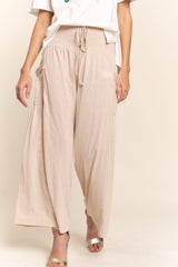 Smocked Waist Boho Wide Leg Pants with Pockets J.NNA