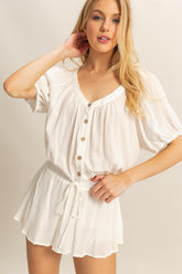 Ruched Drawstring Hem Short Sleeve Top and Skort Set HYFVE Off White S