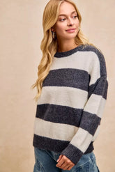 Wide Stripe Fuzzy Knit Round Neck Sweater BiBi CHARCOAL S