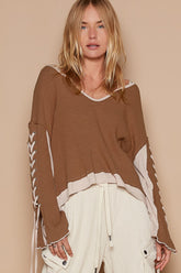 Lace-Up Sleeve Color Block Ribbed Knit Top POL Milk Chocolate S