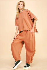 Flowy Top and Elastic Waist Band Pants Set Davi & Dani SUN BURN BROWN S