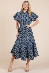 Natural Leaf Pattern Eyelet Lace Puff Sleeve Dress GeeGee