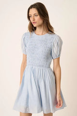 Smocking Detail Puff Sleeve Mini Dress Mittoshop BLUE S