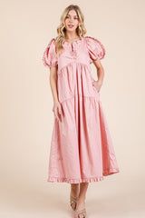 Ruffle Trim Puff Sleeve Tiered Babydoll Midi Dress GeeGee