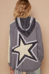 Half Zip Up Fleece Mix Back Star Patch Hoodie POL