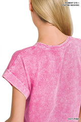 Halo Washed Cotton Cuffed Short Sleeve Top ZENANA