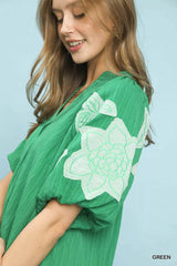 Umgee Embroidered Balloon Sleeve Notch Neck Blouse Trendsi