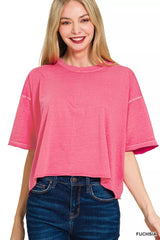 Pigment Dye & Enzyme Washed Oversized Crop Box Tee ZENANA FUCHSIA S