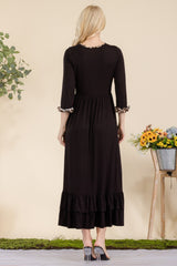 Leopard Trim Ruffle Detail Midi Dress Celeste