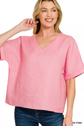 Linen V-Neck Cuffed Sleeve Top ZENANA DK PINK S