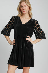Dotted Lace Sleeve Tiered Velvet Mini Dress Umgee Black S