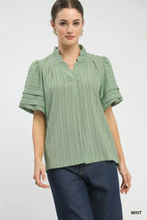 Seersucker Bubble Sleeve V-Neck Blouse Umgee MINT S