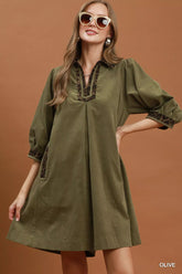 V-Neck Shift Dress with Contrast Trim Umgee OLIVE S