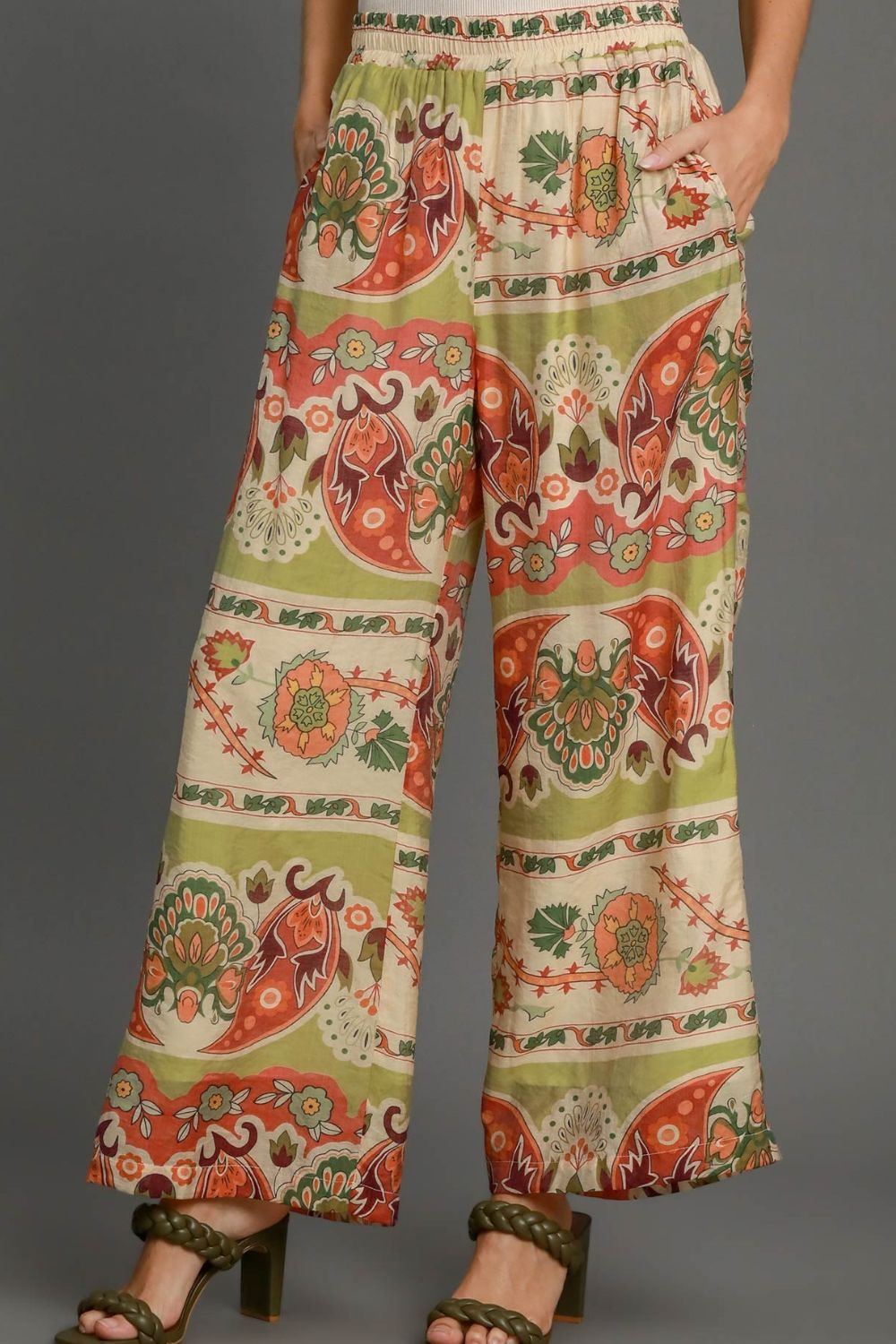 Wide Leg Floral Border Print Pants Umgee GREEN MIX S