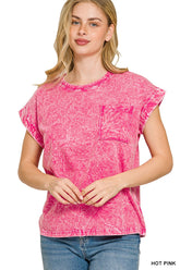 Full Size Crinkle Washed Round Neck Folded Short Sleeve Tee Plus Size ZENANA HOT PINK S